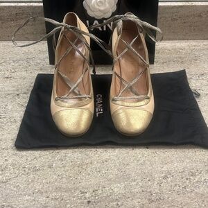 Rare Vintage CHANEL Beige/Nude/Gold Lace Up Ballerina Heels